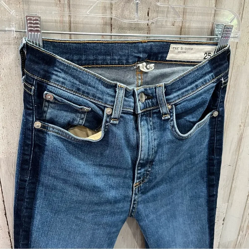 Rag & Bone High Rise Ankle Skinny Jeans Two Tone Denim Tuxedo Stripe